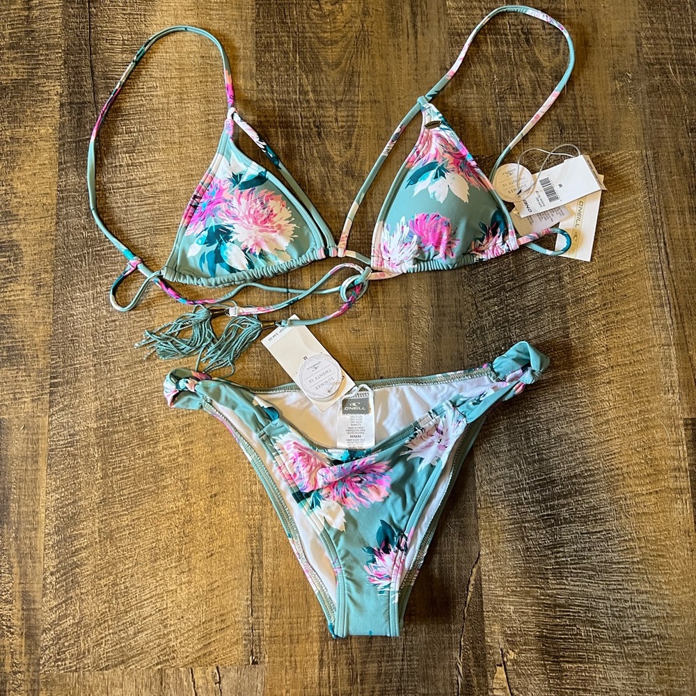 O'NEILL Bikini Triangle Top & Cheeky Bottom Aqua Green & Floral Size Medium Vaca